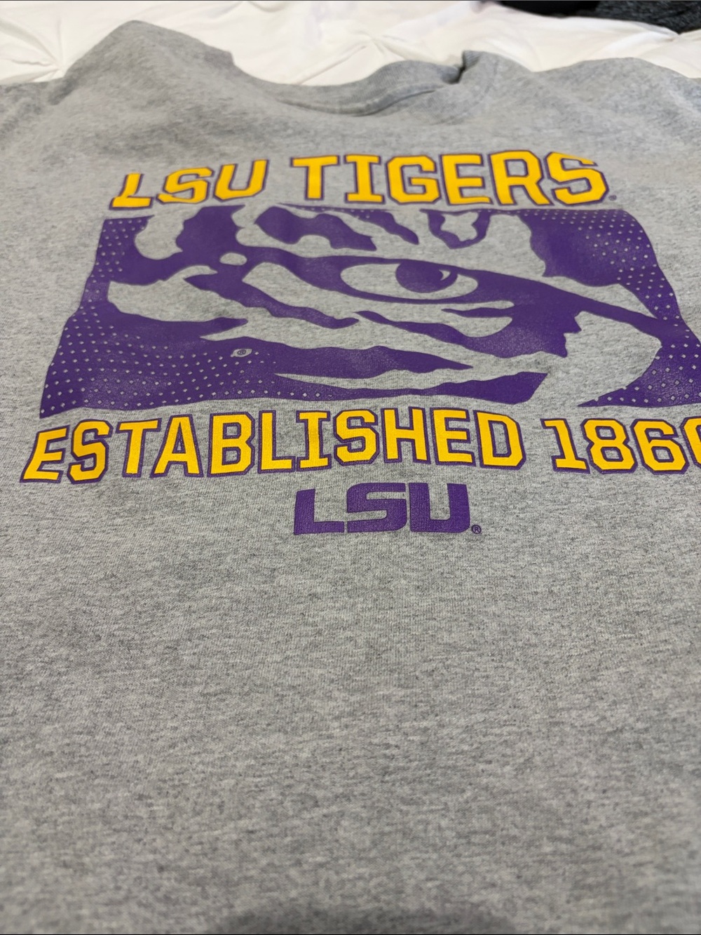 Tigers Gray Mens LSU Graphic Tee with Purple & Gold Print